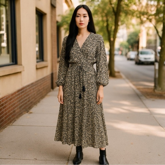 NWT Hem & Thread Floral Long-Sleeve Tiered Boho Maxi Dress Neutral Colors Large - Picture 1 of 13
